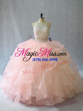 Two Pieces Sleeveless Peach Quinceanera Gown Brush Train Backless