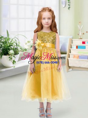 Superior Tea Length Gold Flower Girl Dresses for Less Organza Sleeveless Sequins and Hand Made Flower