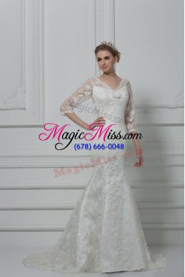 Flare White Lace Up V-neck Lace and Hand Made Flower Wedding Dresses Lace 3 4 Length Sleeve Brush Train