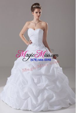 Dynamic White Ball Gowns Sweetheart Sleeveless Taffeta Brush Train Lace Up Pick Ups Wedding Gown