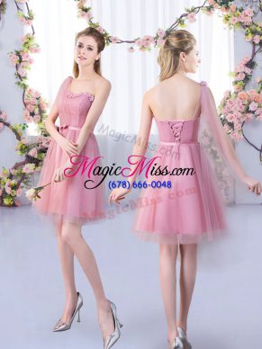 Pink Bridesmaid Gown Wedding Party with Appliques and Belt One Shoulder Sleeveless Lace Up