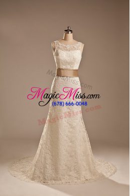Smart White Lace Backless Wedding Dresses Sleeveless Brush Train Lace and Belt