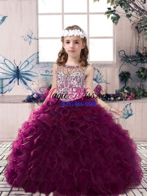 Dark Purple Sleeveless Floor Length Beading and Ruffles Lace Up Little Girls Pageant Dress Wholesale