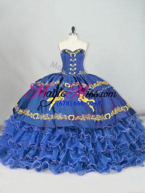 Sleeveless Embroidery and Ruffled Layers Lace Up Quince Ball Gowns with Blue Brush Train