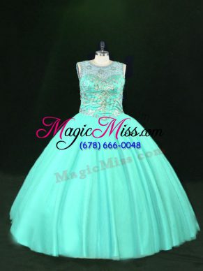 Clearance Ball Gowns Ball Gown Prom Dress Turquoise Scoop Tulle Sleeveless Floor Length Lace Up