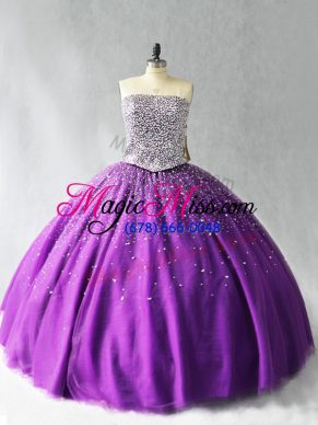 Cheap Purple Ball Gowns Organza Strapless Sleeveless Beading Floor Length Lace Up 15th Birthday Dress