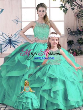 Decent Sleeveless Floor Length Beading and Lace and Ruffles Lace Up Sweet 16 Quinceanera Dress with Turquoise