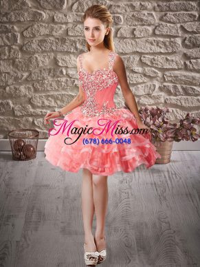 Watermelon Red Organza Lace Up Junior Homecoming Dress Sleeveless Mini Length Beading and Ruffled Layers
