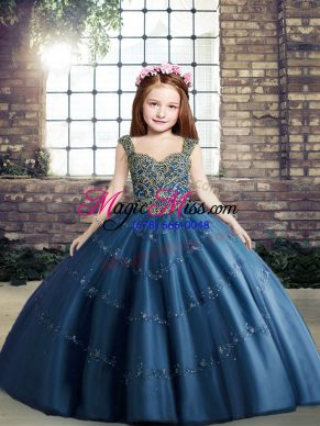 Hot Sale Blue Lace Up Little Girls Pageant Dress Wholesale Beading Sleeveless Floor Length