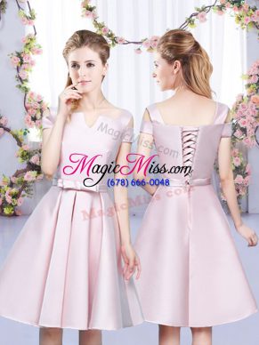 Superior Mini Length Baby Pink Bridesmaid Dresses Off The Shoulder Sleeveless Lace Up