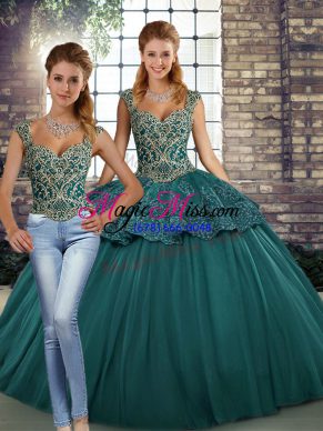 Eye-catching Straps Sleeveless Tulle Quinceanera Dresses Beading and Appliques Lace Up