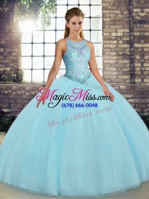Aqua Blue Ball Gowns Tulle Scoop Sleeveless Embroidery Floor Length Lace Up Quince Ball Gowns