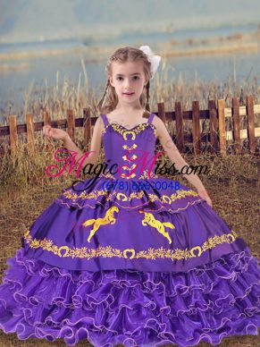 Fancy Lavender Straps Lace Up Beading and Embroidery and Ruffled Layers Kids Pageant Dress Sleeveless