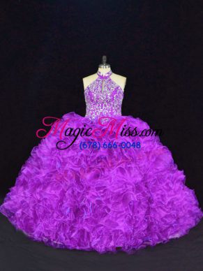 Gorgeous Sleeveless Floor Length Beading and Ruffles Lace Up Quinceanera Gown with Purple
