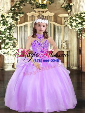 Simple Floor Length Lace Up Child Pageant Dress Lavender for Party and Wedding Party with Appliques
