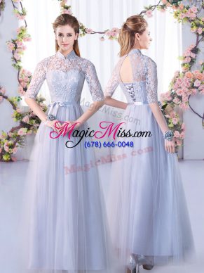 Floor Length Grey Bridesmaids Dress Tulle Half Sleeves Lace