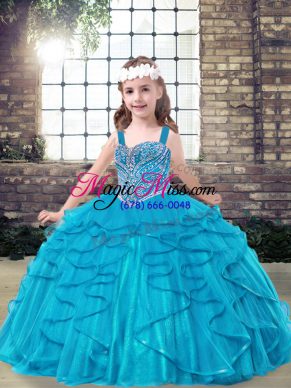 Sweet Blue Ball Gowns Tulle Straps Sleeveless Beading and Ruffles Floor Length Lace Up Little Girls Pageant Dress
