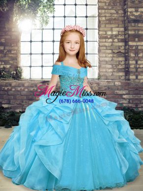 Aqua Blue Sleeveless Floor Length Beading and Ruffles Lace Up Little Girls Pageant Dress Wholesale