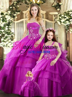 Elegant Floor Length Lace Up Quinceanera Dresses Fuchsia for Sweet 16 and Quinceanera with Beading