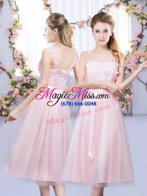 Stylish Sleeveless Tulle Tea Length Lace Up Vestidos de Damas in Baby Pink with Lace and Belt