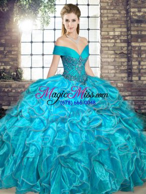 Modest Aqua Blue Lace Up Off The Shoulder Beading and Ruffles 15th Birthday Dress Organza Sleeveless