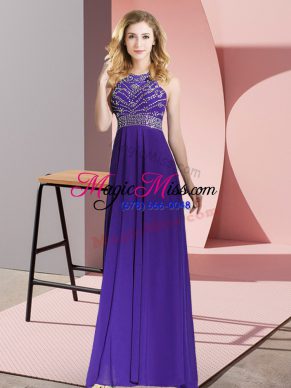Fine Beading Prom Evening Gown Purple Backless Sleeveless Floor Length