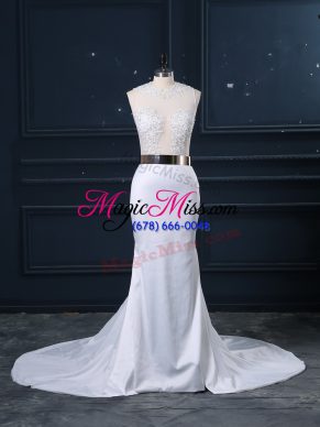 White Zipper Wedding Gowns Appliques and Sashes ribbons Sleeveless Brush Train