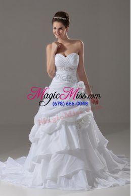 White Sleeveless Taffeta Brush Train Lace Up Wedding Gown for Wedding Party