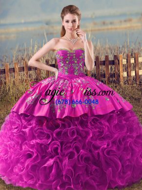 Fuchsia Fabric With Rolling Flowers Lace Up 15th Birthday Dress Sleeveless Brush Train Embroidery and Ruffles