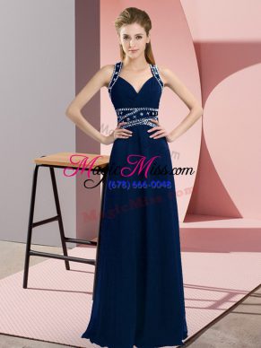 Navy Blue Sleeveless Beading Floor Length Womens Evening Dresses