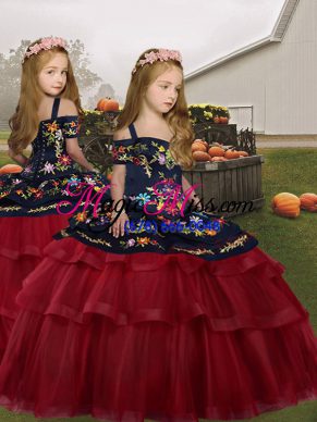 Red Straps Neckline Embroidery and Ruffled Layers Pageant Gowns For Girls Sleeveless Lace Up