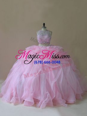 Luxurious Baby Pink Sweet 16 Dress Sweet 16 and Quinceanera with Ruffles Halter Top Sleeveless Brush Train Lace Up