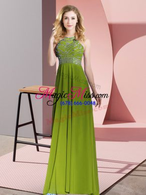 Chiffon Scoop Sleeveless Backless Beading Prom Party Dress in Olive Green