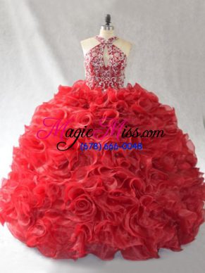 Wonderful Red Lace Up Sweet 16 Dresses Beading and Ruffles Sleeveless Brush Train