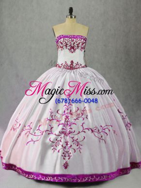 Smart White And Purple Ball Gowns Strapless Sleeveless Taffeta Floor Length Lace Up Embroidery Sweet 16 Dress