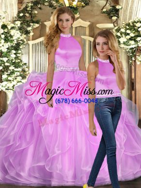 Lilac Organza Backless Halter Top Sleeveless Floor Length Sweet 16 Dresses Beading and Ruffles