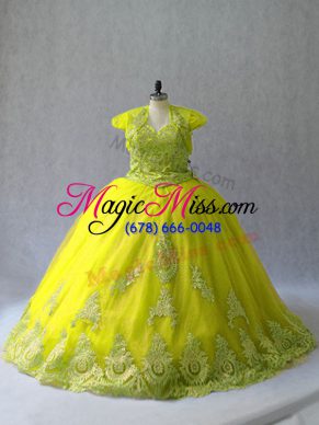 Yellow Green Tulle Lace Up Sweet 16 Quinceanera Dress Sleeveless Court Train Appliques