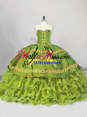 Lace Up Ball Gown Prom Dress Olive Green for Sweet 16 and Quinceanera with Embroidery and Ruffled Layers Brush Train
