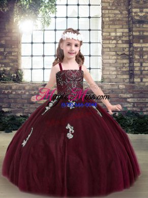 Burgundy Lace Up Kids Formal Wear Beading and Appliques Sleeveless Floor Length