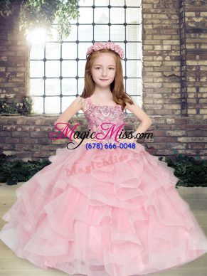 Dazzling Ball Gowns Kids Formal Wear Pink Straps Tulle Sleeveless Floor Length Lace Up