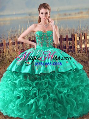 Turquoise Sweetheart Lace Up Embroidery and Ruffles Quinceanera Gowns Brush Train Sleeveless