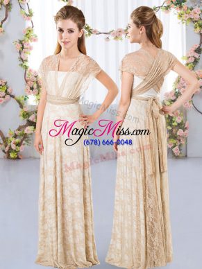 Great Floor Length Side Zipper Bridesmaid Dress Champagne for Wedding Party with Lace