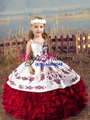 Floor Length Lace Up Little Girl Pageant Gowns Wine Red for Wedding Party with Embroidery and Ruffles