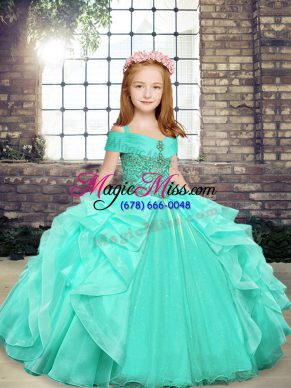 Apple Green Sleeveless Floor Length Beading Lace Up Girls Pageant Dresses