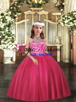 Sleeveless Tulle Floor Length Lace Up Pageant Dress for Womens in Hot Pink with Beading