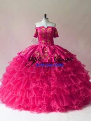 Inexpensive Sleeveless Floor Length Embroidery and Ruffled Layers Lace Up Quinceanera Dress with Fuchsia