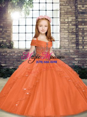 Fantastic Floor Length Orange Little Girls Pageant Dress Wholesale Tulle Sleeveless Beading
