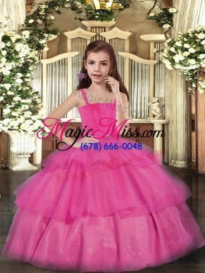 Hot Selling Hot Pink Ball Gowns Ruffled Layers Girls Pageant Dresses Lace Up Tulle Sleeveless Floor Length