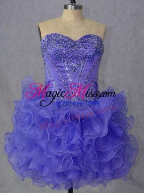Elegant Sleeveless Mini Length Beading and Ruffles Lace Up Dress for Prom with Lavender