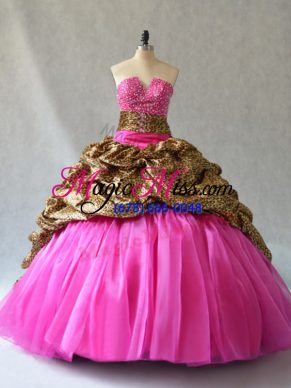 Glorious V-neck Sleeveless Quinceanera Gown Brush Train Beading and Pick Ups Hot Pink Organza